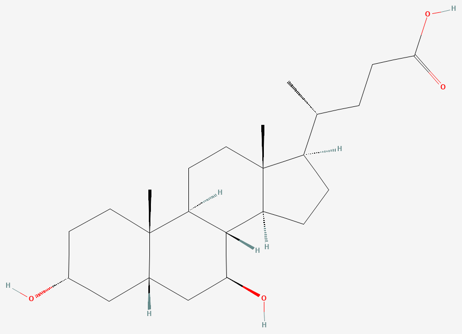 Two-dimensional chemical structure of Ursodeoxycholic acid, CAS 128-13-2