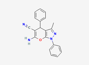 Two-dimensional chemical structure of 6-Amino-3-methyl-1,4-diphenyl-1,4-dihydropyrano(2,3-c)pyrazole-5-carbonitrile