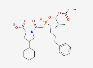 Two-dimensional chemical structure of 4-Cyclohexyl-1-(2-{[2-methyl-1-(propanoyloxy)propoxy](4-phenylbutyl)phosphoryl}acetyl)pyrrolidine-2-carboxylic acid