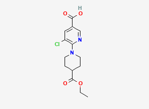 Two-dimensional chemical structure of 5-Chloro-6-[4-(ethoxycarbonyl)piperidino]-nicotinic acid, CAS 931395-73-2
