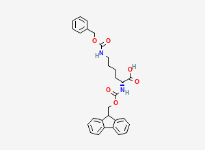Two-dimensional chemical structure of (R)-2-((((9H-Fluoren-9-yl)methoxy)carbonyl)amino)-6-(((benzyloxy)carbonyl)amino)hexanoic acid