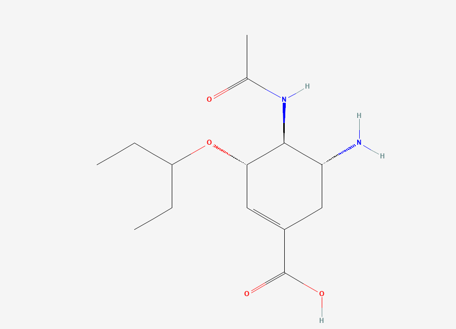 Two-dimensional chemical structure of (3S,4S,5R)-4-Acetamido-5-amino-3-(pentan-3-yloxy)cyclohex-1-ene-1-carboxylic Acid (Oseltamivir Impurity pound(c)