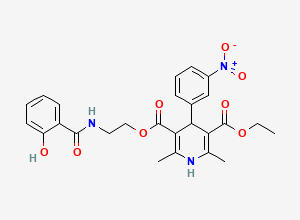 Two-dimensional chemical structure of 3-O-ethyl 5-O-[2-[(2-hydroxybenzoyl)amino]ethyl] 2,6-dimethyl-4-(3-nitrophenyl)-1,4-dihydropyridine-3,5-dicarboxylate
