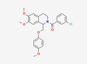 Two-dimensional chemical structure of (3-Chlorophenyl)(6,7-dimethoxy-1-((4-methoxyphenoxy)methyl)-3,4-dihydroisoquinolin-2(1H)-yl)methanone, CAS 486427-17-2
