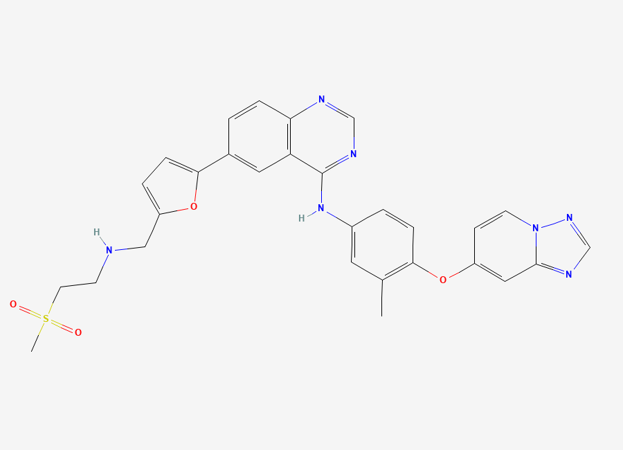 Two-dimensional chemical structure of 6-(5-((2-methylsulfonylethylamino)methyl)furan-2-yl)-N-(3-methyl-4-((1,2,4)triazolo(1,5-a)pyridin-7-yloxy)phenyl)quinazolin-4-amine