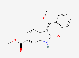 Two-dimensional chemical structure of (E)-Methyl 3-(Methoxy(phenyl)methylene)-2-oxoindoline-6-carboxylate, CAS 1168150-46-6