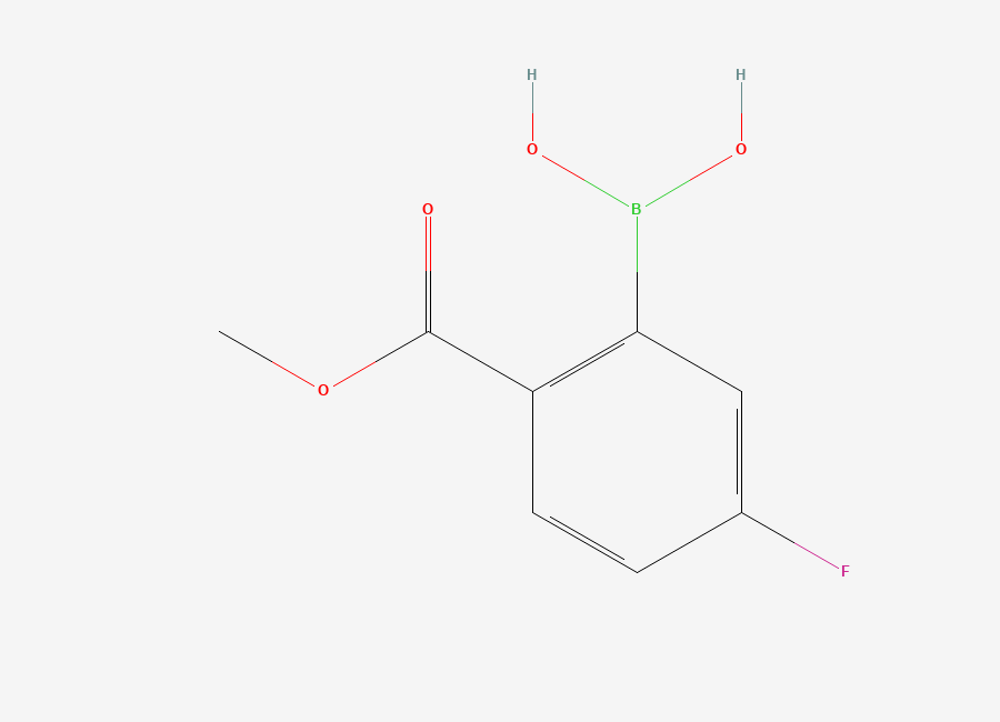 Two-dimensional chemical structure of 5-Fluoro-2-methoxycarbonylphenylboronic acid