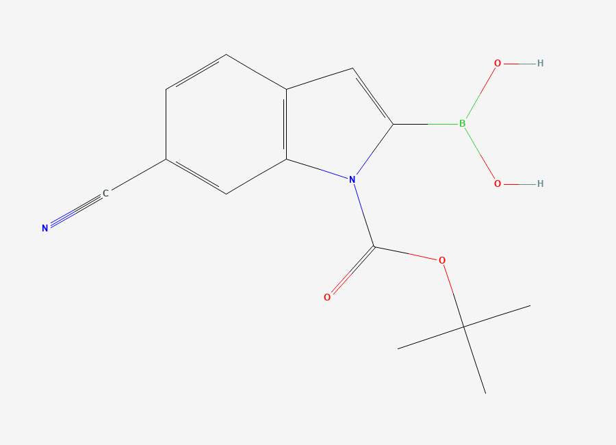 Two-dimensional chemical structure of 6-Cyano-1H-indole-2-boronic acid, N-BOC protected