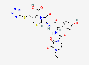 Two-dimensional chemical structure of (6R,7R)-7-[[2-[(4-ethyl-2,3-dioxo-piperazine-1-carbonyl)amino]-2-(4-hydroxyphenyl)acetyl]amino]-3-[(1-methyltetrazol-5-yl)sulfanylmethyl]-8-oxo-5-thia-1-azabicyclo[4.2.0]oct-2-ene-2-carboxylic acid