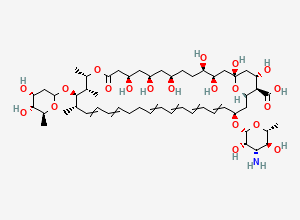 Two-dimensional chemical structure of (1S,3R,4R,7R,9R,11R,15S,16S,17R,18S,33R,35S,36R,37S)-33-[(2R,3S,4S,5S,6R)-4-amino-3,5-dihydroxy-6-methyloxan-2-yl]oxy-17-[(4R,5R,6S)-4,5-dihydroxy-6-methyloxan-2-yl]oxy-1,3,4,7,9,11,37-heptahydroxy-15,16,18-trimethyl-13-oxo-14,39-dioxabicyclo[33.3.1]nonatriaconta-19,21,25,27,29,31-hexaene-36-carboxylic acid