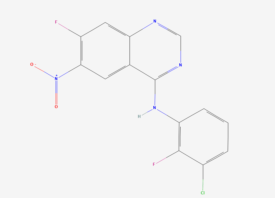 Two-dimensional chemical structure of N-(3-chloro-2-fluorophenyl)-7-fluoro-6-nitroquinazolin-4-amine