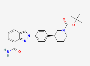 Two-dimensional chemical structure of (S)-tert-butyl 3-(4-(7-carbamoyl-2H-indazol-2-yl)phenyl)piperidine-1-carboxylate, CAS 1038916-11-8