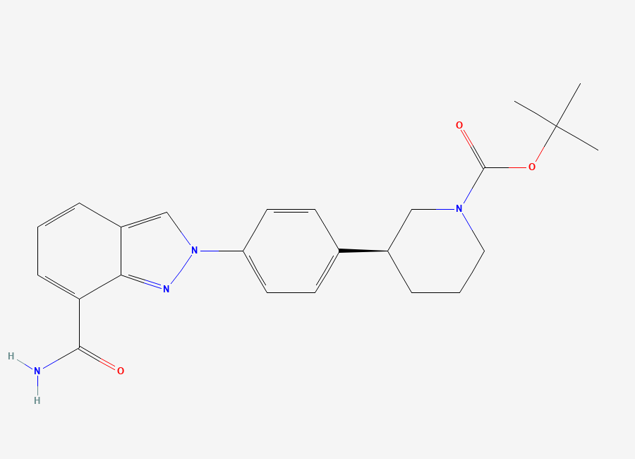 Two-dimensional chemical structure of (S)-tert-butyl 3-(4-(7-carbamoyl-2H-indazol-2-yl)phenyl)piperidine-1-carboxylate, CAS 1038916-11-8