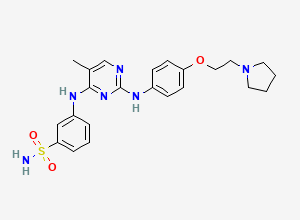 Two-dimensional chemical structure of 3-((5-methyl-2-((4-(2-(pyrrolidin-1-yl)ethoxy)phenyl)amino)pyrimidin-4-yl)amino)benzenesulfonamide / Fedratinib FDR Imp-3, CAS 936091-39-3