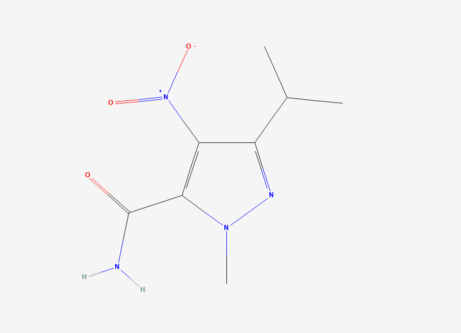 Two-dimensional chemical structure of 3-Isopropyl-1-methyl-4-nitro-1H-pyrazole-5-carboxamide