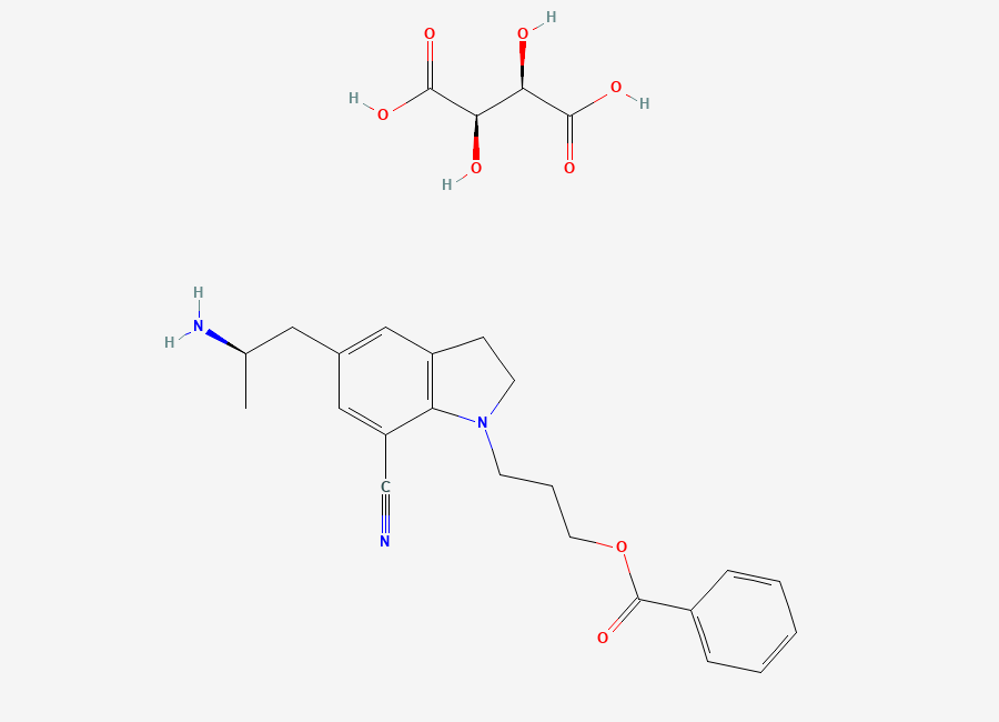 Two-dimensional chemical structure of (2R,3R)-2,3-Dihydroxybutanedioic acid--3-(5-((2R)-2-aminopropyl)-7-cyano-2,3-dihydro-1H-indol-1-yl)propyl benzoate (1/1)