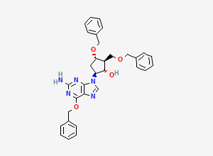 Two-dimensional chemical structure of (1S,2S,3S,5S)-5-(2-Amino-6-(benzyloxy)-9H-purin-9-yl)-3-(benzyloxy)-2-(benzyloxymethyl)cyclopentanol