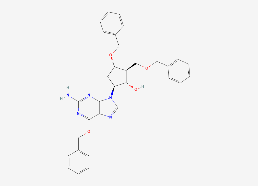 Two-dimensional chemical structure of (1S,2S,3S,5S)-5-(2-Amino-6-(benzyloxy)-9H-purin-9-yl)-3-(benzyloxy)-2-(benzyloxymethyl)cyclopentanol