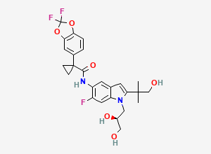 Two-dimensional chemical structure of (S)-1-(2,2-difluorobenzo[d][1,3]dioxol-5-yl)-N-(1-(2,3-dihydroxypropyl)-6-fluoro-2-(1-hydroxy-2-methylpropan-2-yl)-1H-indol-5-yl)cyclopropanecarboxamide