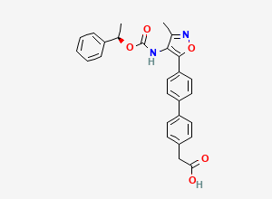 Two-dimensional chemical structure of 2-[4-[4-[3-methyl-4-[[(1R)-1-phenylethoxy]carbonylamino]-1,2-oxazol-5-yl]phenyl]phenyl]acetic acid