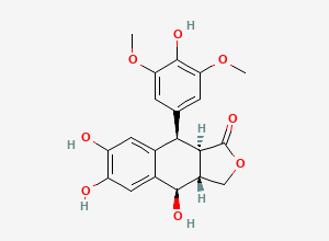 Two-dimensional chemical structure of Naphtho(2,3-c)furan-1(3H)-one, 3a,4,9,9a-tetrahydro-4,6,7-trihydroxy-9-(4-hydroxy-3,5-dimethoxyphenyl)-, (3aR,4R,9R,9aR)-