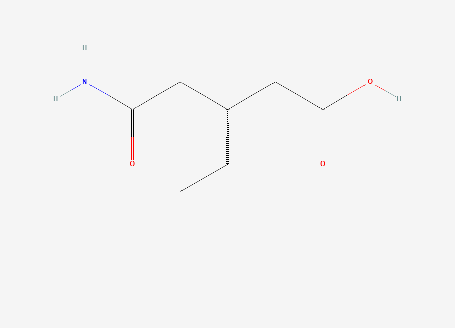 Two-dimensional chemical structure of (3R)-3-(2-amino-2-oxoethyl)hexanoic acid
