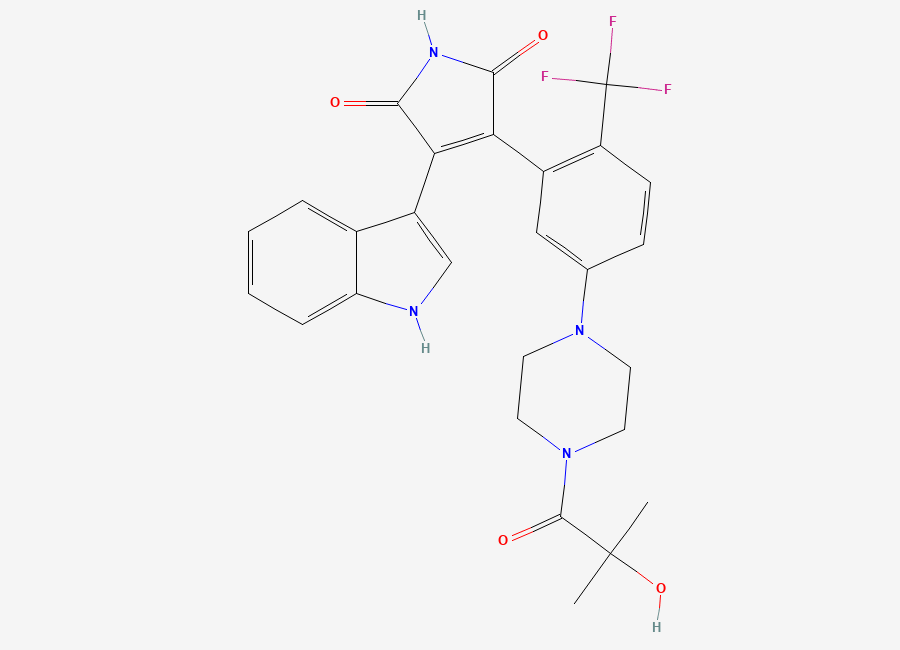 Two-dimensional chemical structure of 3-(5-(4-(2-hydroxy-2-methylpropionyl)piperazin-1-yl)-2-trifluoromethylphenyl)-4-(1H-indol-3-yl)pyrrole-2,5-dione