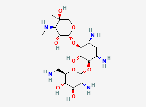 Two-dimensional chemical structure of (2R,3R,4R,5R)-2-[(1S,2S,3R,4S,6R)-4,6-diamino-3-[(2R,3R,4R,5S,6R)-3-amino-6-(aminomethyl)-4,5-dihydroxyoxan-2-yl]oxy-2-hydroxycyclohexyl]oxy-5-methyl-4-(methylamino)oxane-3,5-diol