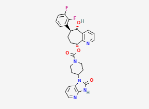Two-dimensional chemical structure of (5S,6S,9R)-6-(2,3-difluorophenyl)-5-hydroxy-6,7,8,9-tetrahydro-5H-cyclohepta[b]pyridin-9-yl 4-(2-oxo-2,3-dihydro-1H-imidazo[4,5-b]pyridin-1-yl)piperidine-1-carboxylate