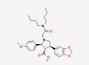 Two-dimensional chemical structure of (2S,3S,4R)-4-(1,3-benzodioxol-5-yl)-1-[2-(dibutylamino)-2-oxoethyl]-2-(4-methoxyphenyl)pyrrolidine-3-carboxylic acid