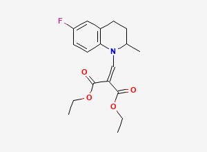 Two-dimensional chemical structure of Diethyl 2-((6-fluoro-2-methyl-3,4-dihydroquinolin-1(2H)-yl)methylene)malonate, CAS 105450-09-7