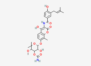 Two-dimensional chemical structure of (3R,4S,5R,6R)-5-hydroxy-6-((4-hydroxy-3-(4-hydroxy-3-(3-methylbut-2-en-1-yl)benzamido)-8-methyl-2-oxo-2H-chromen-7-yl)oxy)-3-methoxy-2,2-dimethyltetrahydro-2H-pyran-4-yl carbamate [M+H]+