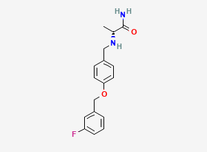 Two-dimensional chemical structure of (2R)-2-[[4-[(3-fluorophenyl)methoxy]phenyl]methylamino]propanamide