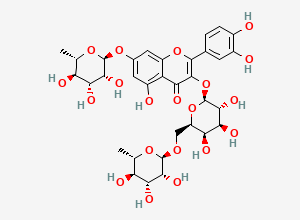 Two-dimensional chemical structure of 3-((6-O-(6-Deoxy-alpha-L-mannopyranosyl)-beta-D-galactopyranosyl)oxy)-7-((6-deoxy-alpha-L-mannopyranosyl)oxy)-2-(3,4-dihydroxyphenyl)-5-hydroxy-4H-1-benzopyran-4-one