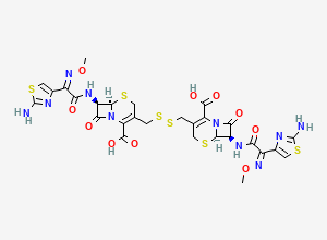 Two-dimensional chemical structure of (6R,7R)-7-[[(2Z)-2-(2-amino-1,3-thiazol-4-yl)-2-methoxyiminoacetyl]amino]-3-[[[(6R,7R)-7-[[(2Z)-2-(2-amino-1,3-thiazol-4-yl)-2-methoxyiminoacetyl]amino]-2-carboxy-8-oxo-5-thia-1-azabicyclo[4.2.0]oct-2-en-3-yl]methyldisulfanyl]methyl]-8-oxo-5-thia-1-azabicyclo[4.2.0]oct-2-ene-2-carboxylic acid
