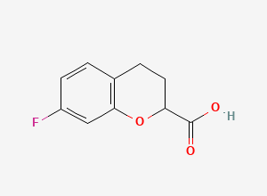Two-dimensional chemical structure of 7-fluoro-3,4-dihydro-2H-1-benzopyran-2-carboxylic acid