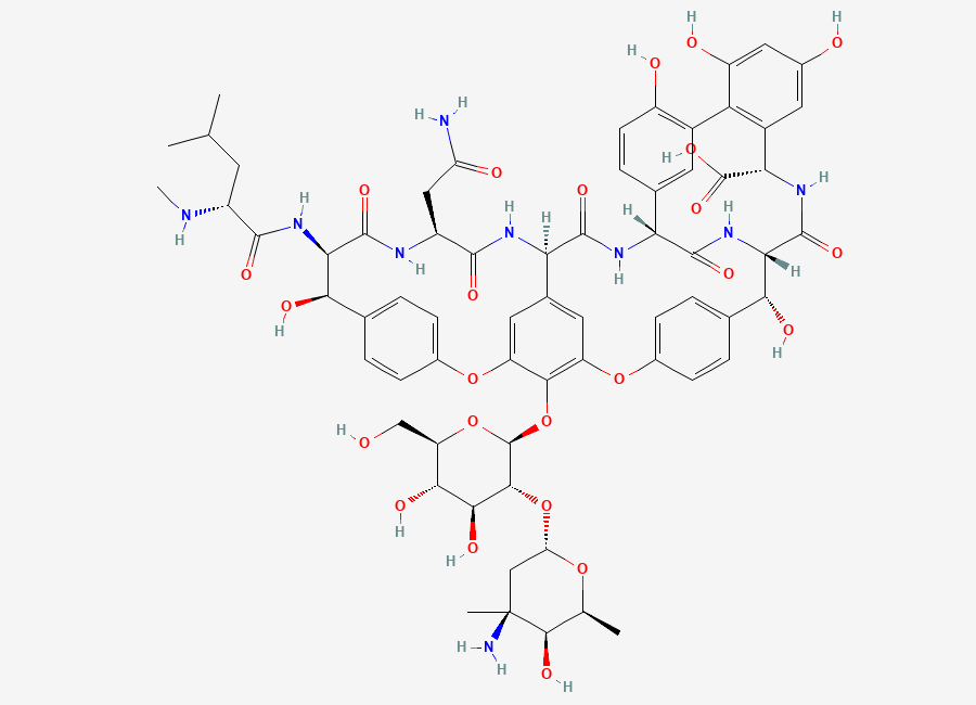 Two-dimensional chemical structure of Vancomycin Didechloro Impurity, CAS 98510-30-6
