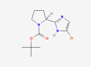 Two-dimensional chemical structure of 1,1-Dimethylethyl (2S)-2-(5-bromo-1H-imidazol-2-yl)-1-pyrrolidinecarboxylate