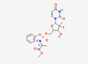 Two-dimensional chemical structure of Methyl 2-[[[5-(2,4-dioxopyrimidin-1-yl)-4-fluoro-3-hydroxy-4-methyloxolan-2-yl]methoxy-phenoxyphosphoryl]amino]propanoate