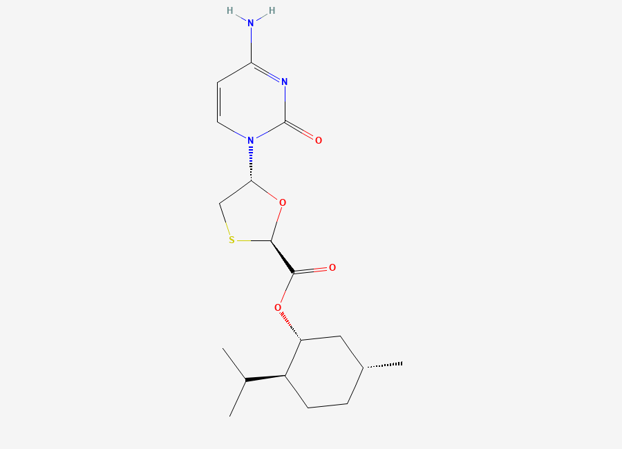 Two-dimensional chemical structure of (1R,2S,5R)-2-Isopropyl-5-methylcyclohexyl (2R,5R)-5-(4-amino-2-oxopyrimidin-1(2H)-yl)-1,3-oxathiolane-2-carboxylate