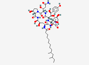 Two-dimensional chemical structure of N-[(3S,6S,9S,11R,15S,18S,20R,21R,24S,25S)-3-[(1R)-3-amino-1-hydroxy-3-oxopropyl]-6-[(1S,2S)-1,2-dihydroxy-2-(4-hydroxyphenyl)ethyl]-11,20,21,25-tetrahydroxy-15-[(1R)-1-hydroxyethyl]-2,5,8,14,17,23-hexaoxo-1,4,7,13,16,22-hexazatricyclo[22.3.0.09,13]heptacosan-18-yl]-10,12-dimethyltetradecanamide