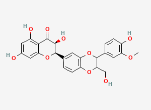 Two-dimensional chemical structure of (2R,3S)-3,5,7-Trihydroxy-2-[3-(4-hydroxy-3-methoxyphenyl)-2-(hydroxymethyl)-2,3-dihydro-1,4-benzodioxin-6-yl]-2,3-dihydrochromen-4-one