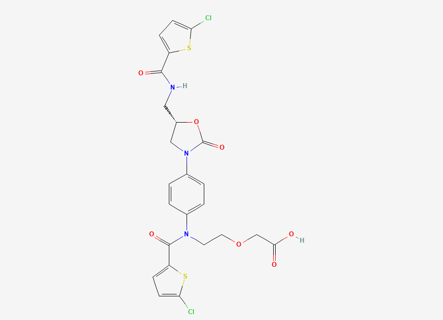 Two-dimensional chemical structure of (S)-2-(2-(5-Chloro-N-(4-(5-((5-chlorothiophene-2-carboxamido)methyl)-2-oxooxazolidin-3-YL)phenyl)thiophene-2-carboxamido)ethoxy)acetic acid