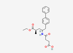 Two-dimensional chemical structure of 4-[[(4R)-5-ethoxy-4-methyl-5-oxo-1-(4-phenylphenyl)pentan-2-yl]amino]-4-oxobutanoic acid