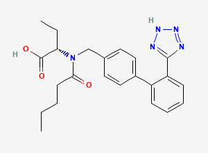 Two-dimensional chemical structure of (2S)-2-[pentanoyl-[[4-[2-(2H-tetrazol-5-yl)phenyl]phenyl]methyl]amino]butanoic acid
