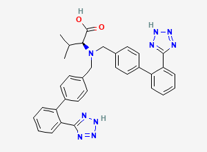 Two-dimensional chemical structure of (2S)-2-[Bis[[2'-(1H-tetrazol-5-yl)biphenyl-4-yl]methyl]amino]-3-methylbutanoic Acid