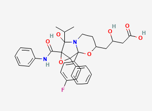 Two-dimensional chemical structure of Atorvastatin FX1 Impurity/ Atorvastatin Epoxy Pyrrolooxazin 7-Hydroxy Analog/ Atorvastatin Degradation Product - ATV-FX1/ Atorvastatin Cyclic Fluorophenyl Impurity, CAS 873950-18-6