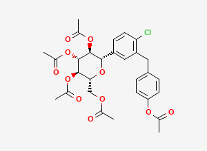 Two-dimensional chemical structure of (2S,3S,4R,5R,6R)-2-(3-(4-Acetoxybenzyl)-4-chlorophenyl)-6-(acetoxymethyl)tetrahydro-2H-pyran-3,4,5-triyl triacetate / O-Pentaacetyl O-Desethyl Dapagliflozin, CAS 912917-85-2