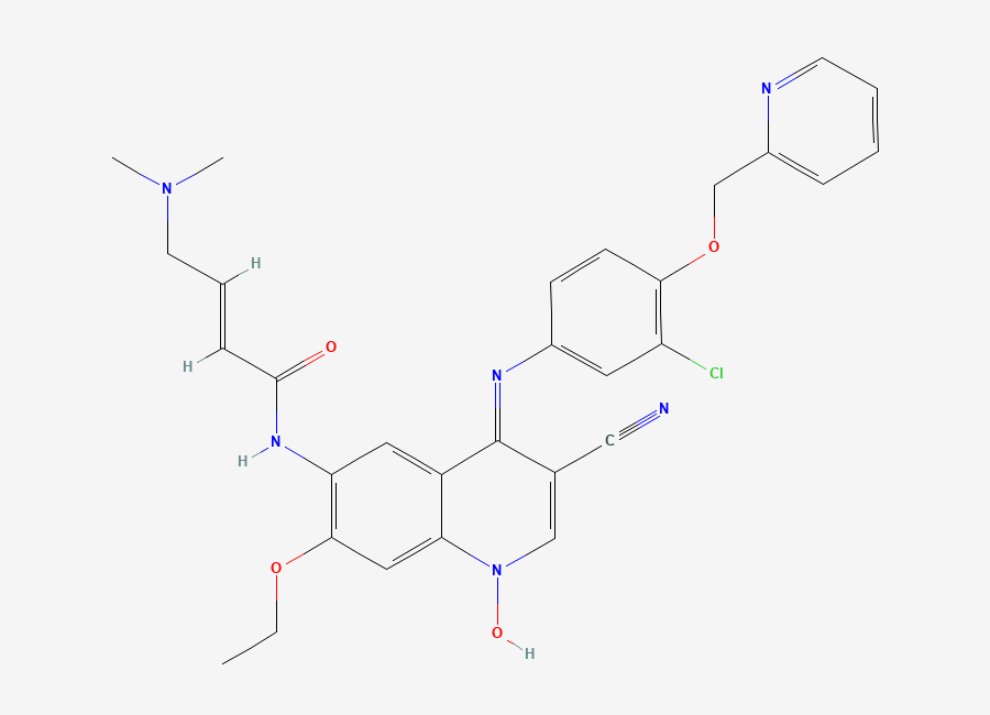 Two-dimensional chemical structure of (E)-4-((3-Chloro-4-(pyridin-2-ylmethoxy)phenyl)amino)-3-cyano-6-(4-(dimethylamino)but-2-enamido)-7-ethoxyquinoline 1-oxide