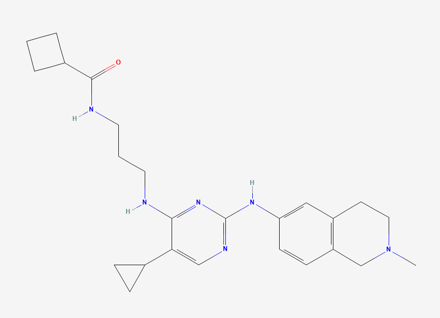 Two-dimensional chemical structure of N-(3-((5-Cyclopropyl-2-((2-methyl-1,2,3,4-tetrahydroisoquinolin-6-yl)amino)pyrimidin-4-yl)amino)propyl)cyclobutanecarboxamide